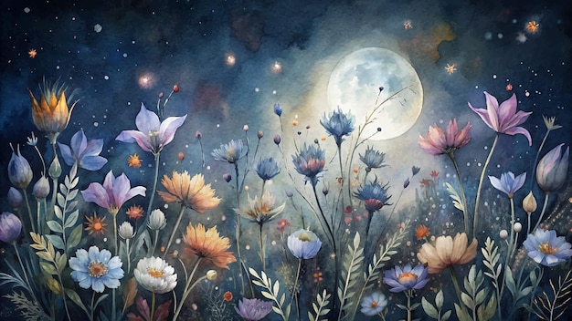 Plik wektorowy akwarelowe tło dzikich kwiatów w świetle księżyca