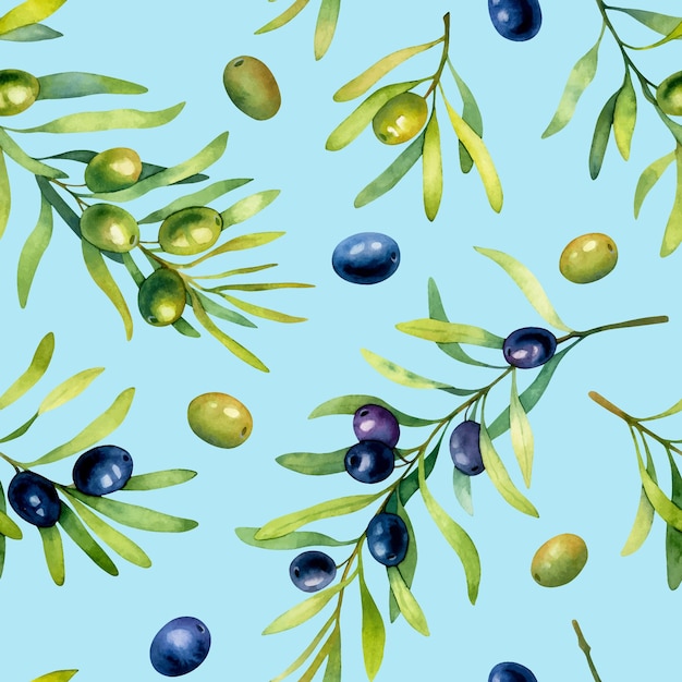 Plik wektorowy akwarelowy bezszwowy wzór czarnych i zielonych oliwek odizolowanych na niebieskim tle