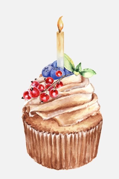 Plik wektorowy akwarelowy cupcake z śmietaną i płonącą świecą ręcznie narysowana ilustracja na urodziny