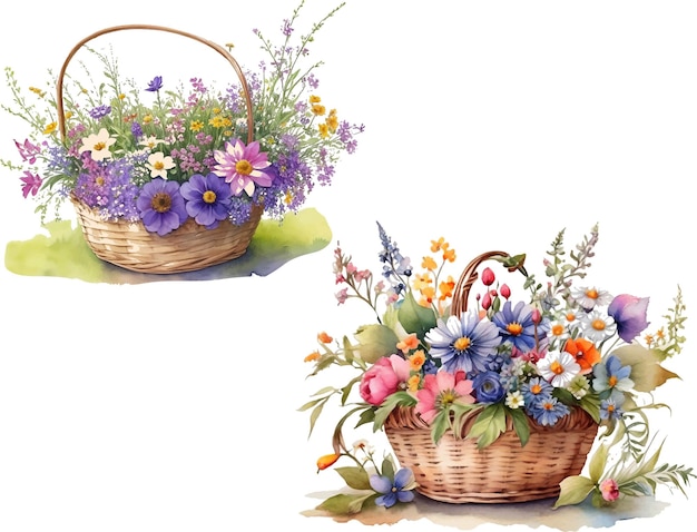 Plik wektorowy akwarelowy koszyk z dzikimi kwiatami