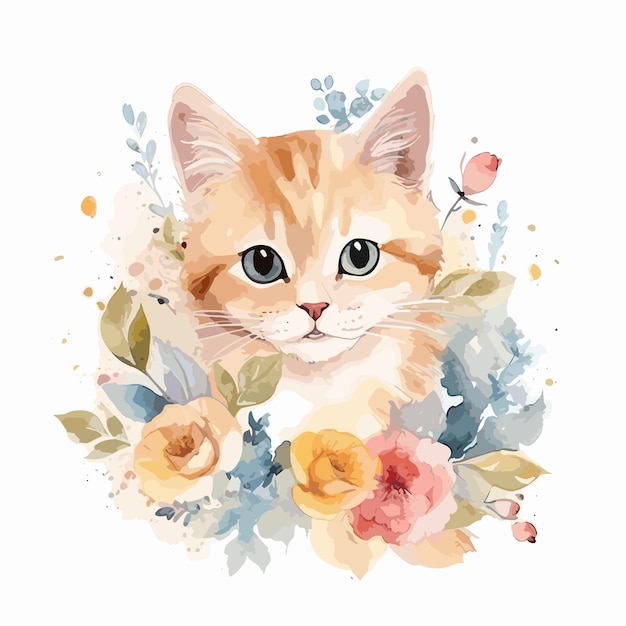 Plik wektorowy akwarelowy kot z kwiatami urocza ilustracja zwierzęca