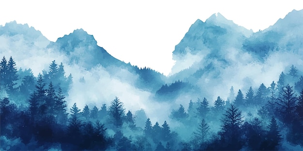 Akwarelowy krajobraz z niebieskim niebem i zielonymi górami ilustracja wektorowa