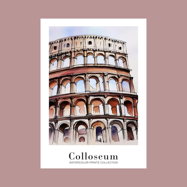 Akwarelowy obraz Koloseum Starożytny rzymski plakat podróżniczy