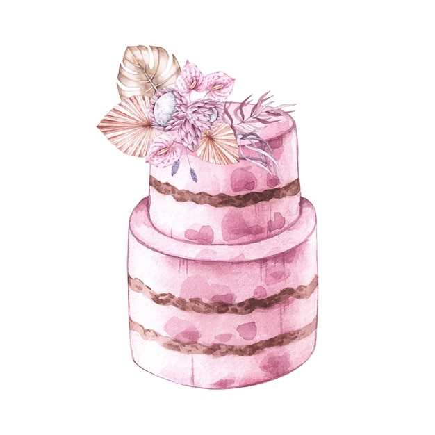 Akwarelowy różowy tort z tropikalnymi kwiatami na białym tle w stylu boho 3