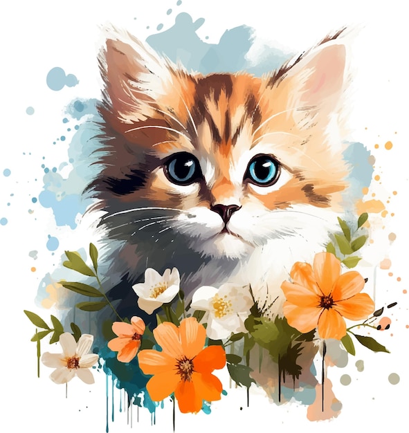 Akwarelowy Słodki Kotek W Kwiatach
