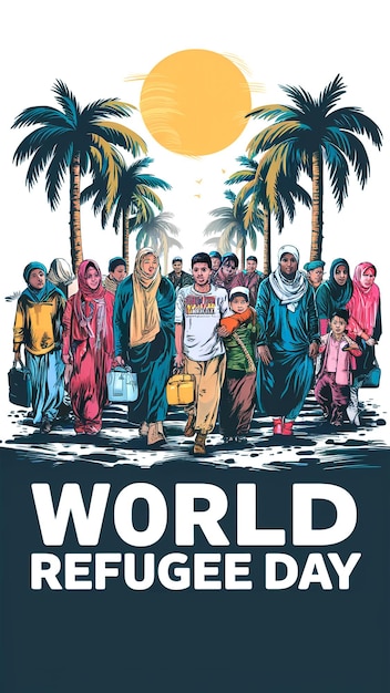 Akwarelowy szablon baneru ilustrujący Światowy Dzień Uchodźców z muzułmanami szukającymi domu