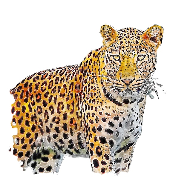 Akwarelowy szkic zwierząt leopardów, ręcznie narysowana ilustracja, izolowane białe tło