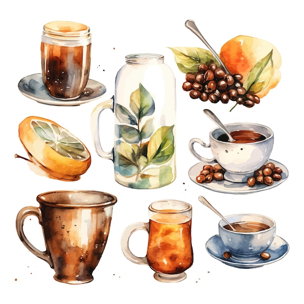 Plik wektorowy akwarelowy zestaw clipartów kawowych w szklanych kubkach w stylu vintage, łyżce i kawie