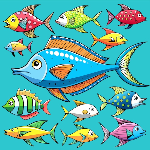 Plik wektorowy akwarium morskie stworzenia tropikalne ryby podwodne dzikie zwierzęta morskie ręcznie narysowane płaskie stylowe kreskówki