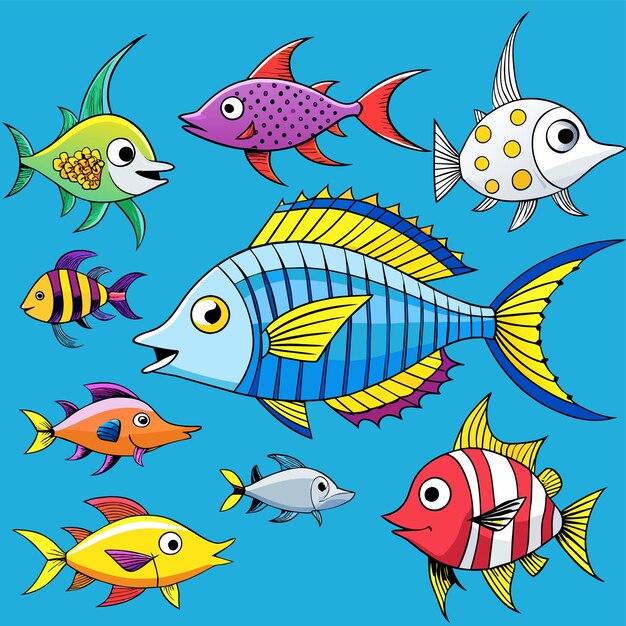 Plik wektorowy akwarium morskie stworzenia tropikalne ryby podwodne dzikie zwierzęta morskie ręcznie narysowane płaskie stylowe kreskówki
