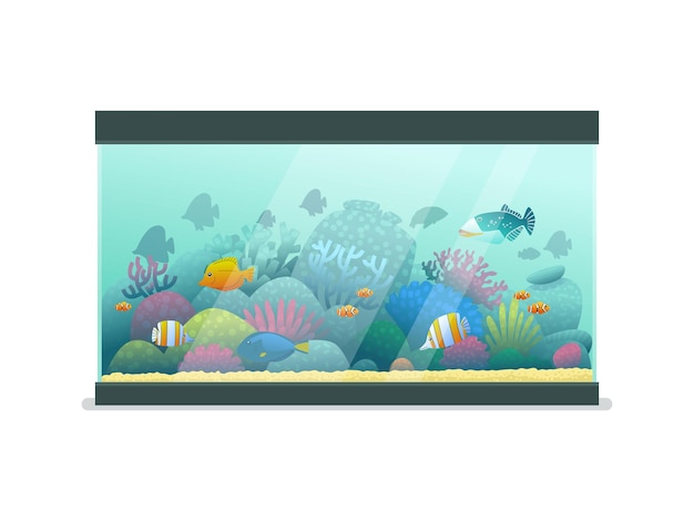 Plik wektorowy akwarium z ryb morskich na na białym tle. ilustracja wektorowa w stylu kreskówki
