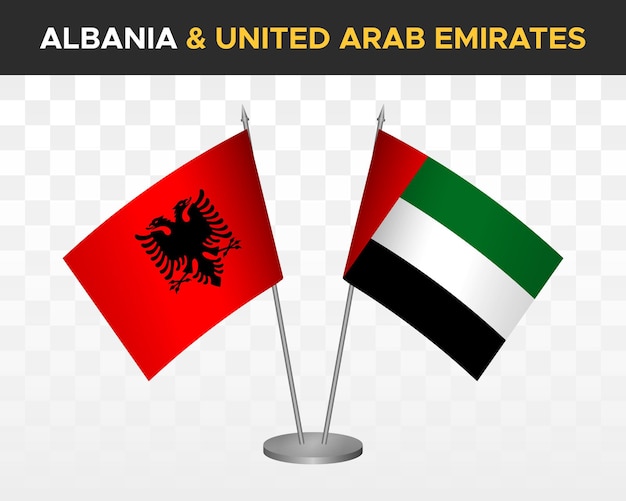 Albania I Zjednoczone Emiraty Arabskie Zea Flagi Biurkowe Makieta Na Białym Tle 3d Wektor Ilustracja Flagi Stołowe
