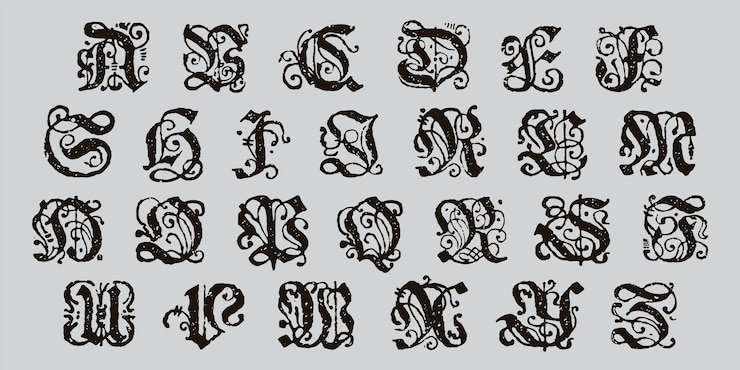 Alfabet Blackletter Średniowieczne inicjały Vintage podświetlane inicjały zestaw Horror gotycka ikona czcionki