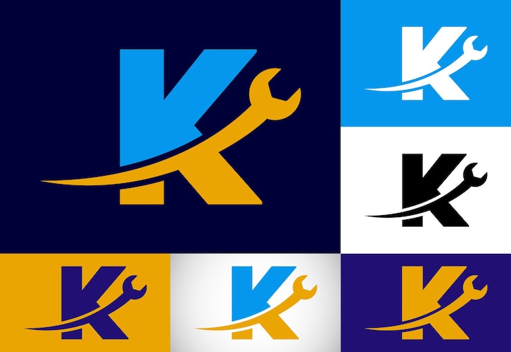 Wektor alfabet graficzny k z kluczem logo dla usług naprawy technologii mechanicznych dla branży motoryzacyjnej