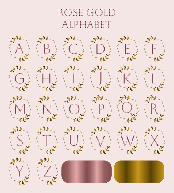 Plik wektorowy alfabet różowego złota z kwiatowymi złotymi ornamentami