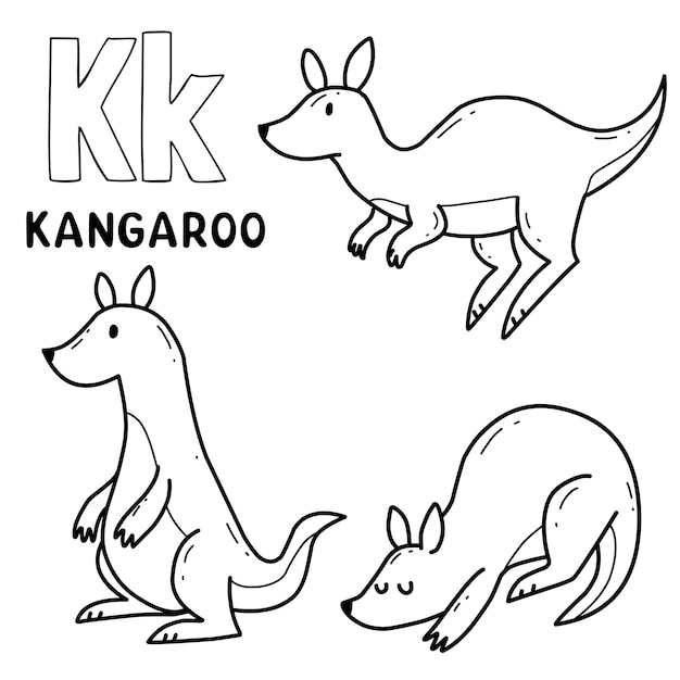 Plik wektorowy alfabet zwierząt kangura zestaw do kolorowania słowem ręcznie rysowane litery kreskówka zwierząt