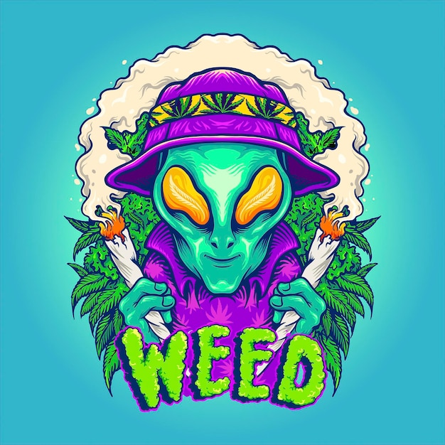 Alien Smoking Summer Cannabis Plants Ilustracje Wektorowe Do Twojej Pracy Logo, Koszulka Z Towarem Maskotka, Naklejki I Projekty Etykiet, Plakat, Kartki Z życzeniami, Reklama Firmy Lub Marki.