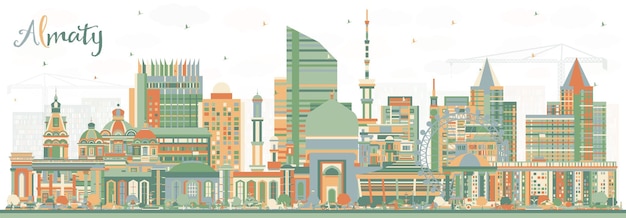 Almaty Kazachstan City Skyline Z Kolorowymi Budynkami Ilustracji Wektorowych Ałmaty Pejzaż Z Zabytkami