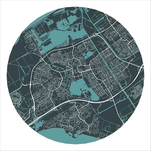 Almere wektorowy minimalistyczny plan ulicy mapa holenderskiego miasta na ciemno szarym okrągłym tle Holandia