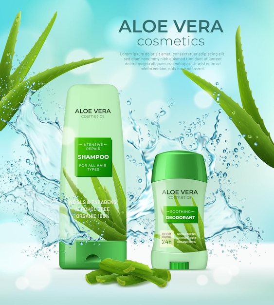 Aloe Vera Kosmetyki Deodorant I Szampon Butelki Z Rozpryskiem Wody Ziołowe Produkty Do Pielęgnacji Skóry I Kosmetyków Realistyczne Reklamy Wektorowe Baner Letnie Kosmetyczne Rurki Z Roślinami I Płynami Odświeżającymi Rozpryski