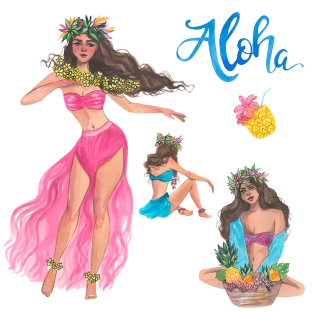 Aloha dziewczyna, akwarela hawajska ilustracja. Pojedyncze elementy wektorów.