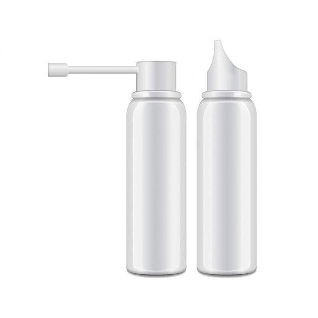 Plik wektorowy aluminiowa biała butelka z rozpylaczem do sprayu doustnego i donosowego.