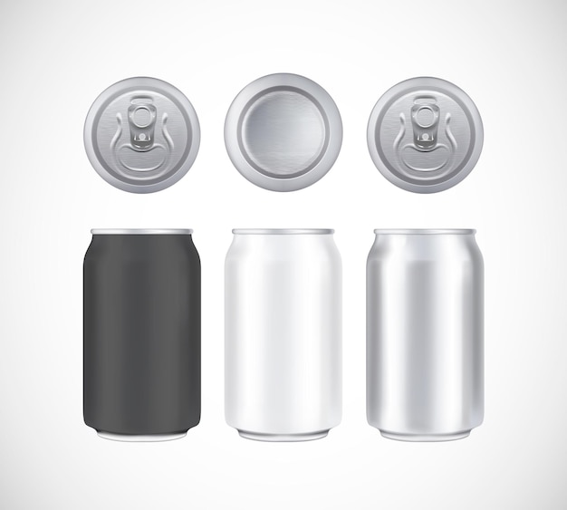 Plik wektorowy aluminiowe opakowanie piwa metalowa czarno-biała puszka, widok z przodu z góry i z dołu. wizualna grafika wektorowa