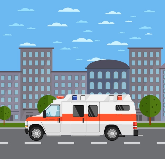 Ambulansowy samochód na drodze w miastowym krajobrazie