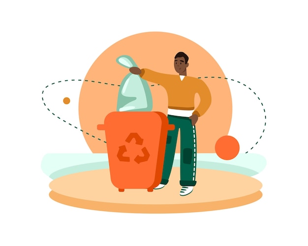 Plik wektorowy amerykanin wrzuca worek śmieci do kosza na śmieci koncepcja sortowania śmieci praca w organizacji wolontariackiej aktywna społecznie młodzież płaska ilustracja wektorowa w kolorach zielonym i pomarańczowym