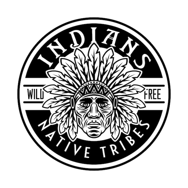 Amerykańscy Indianie Wektor Vintage Okrągły Emblemat Etykieta Odznaka Lub Logo Z Szefem Głowy W Stylu Monochromatyczne Na Białym Tle