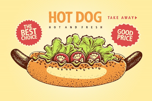 Amerykańska Kanapka Hot Dog Z Musztardą, Pomidorami I Sałatką. Plakat Szablon Wektor Ilustracja. Banner Retro.