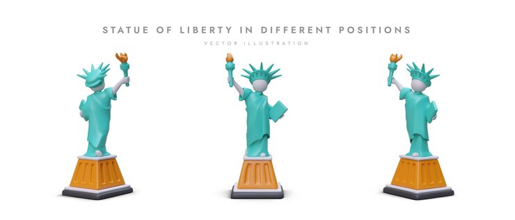 Wektor amerykańska statua wolności z różnych stron zestaw ikon 3d w stylu kreskówki realistyczne przedstawienie wybitnego pomnika świata symbol niepodległości usa