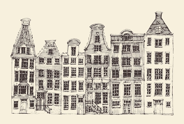 Plik wektorowy amsterdam, architektura miasta, vintage grawerowane ilustracja