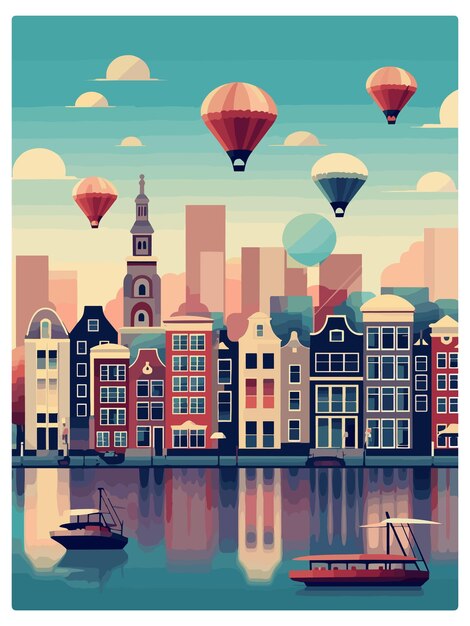 Plik wektorowy amsterdam holandia vintage travel poster souvenir postcard portret malarstwo ilustracja wpa