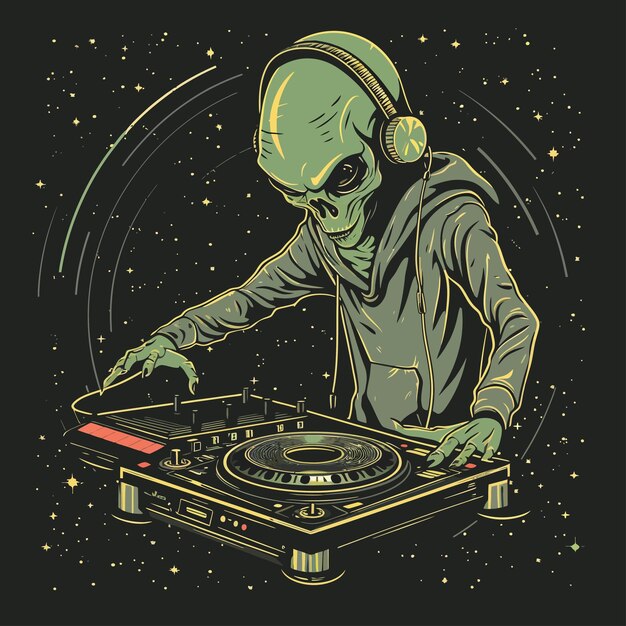 Plik wektorowy an_alien jako dj na gramofonie grający muzykę