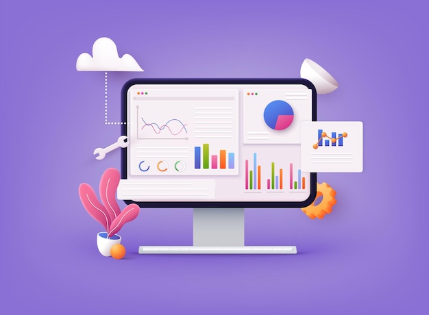 Analityka danych pulpit i sprawozdanie finansowe biznesowe inwestycje lub strona internetowa ekran SEO Koncepcja komputera 3D Web Wektor ilustracje
