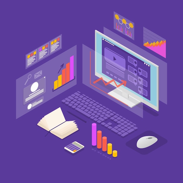 Analiza Danych Koncepcja Inwestycji Widok Izometryczny 3d Zawiera Wykres Wykresu I Diagramu Ilustracja Wektorowa Strategii Rozwoju