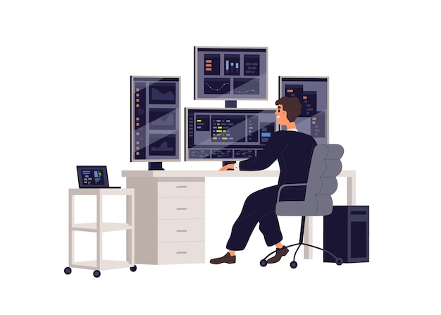 Analiza dużych zbiorów danych, monitorowanie i zarządzanie, praca informatyczna. Administrator przy komputerze z wieloma wyświetlaczami, ekran w centrum danych. Płaskie wektor ilustracja na białym tle.