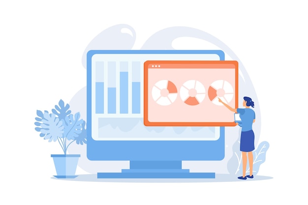 Plik wektorowy analiza strony internetowej. analiza raportów seo. wykresy kołowe, diagramy, ekran monitora komputera.