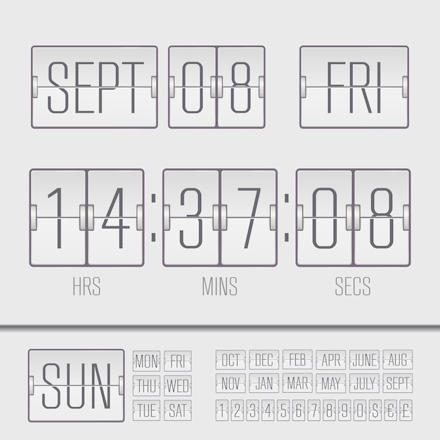 Plik wektorowy analogowy czarny cyfrowy zegar tygodniowy z tablicą wyników