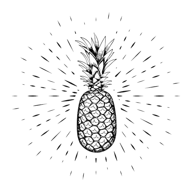 Ananas Narysowany Ręcznie Czarną Obwódką Na Tle Promieni Liniowych Kaligrafia