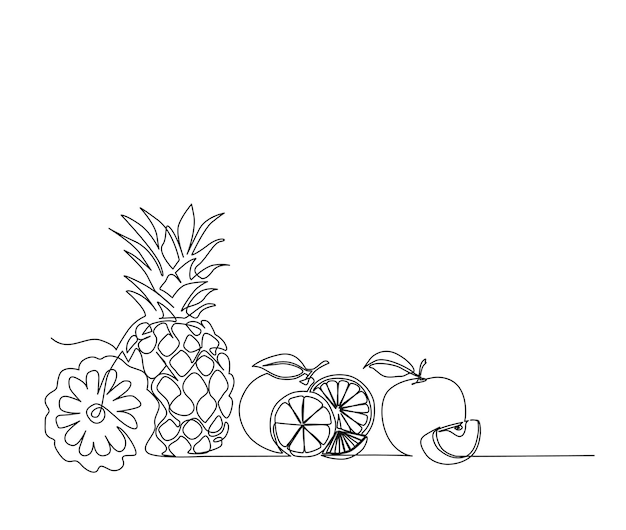 Ananas pomarańczowy i jabłko wektor jednej linii Ciągłe rysowanie jednej linii owoców Edytowalny obrys