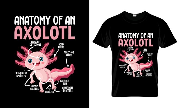 Plik wektorowy anatomia axolotla kolorowy graficzny t-shirt axolotl t-shirt design