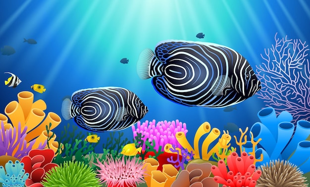 Angelfish w morzu otoczony roślinami morskimi i koralowcami Ilustracja wektorowa