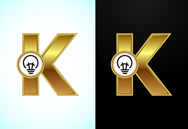 Wektor angielska litera k z żarówką elektryczną w kolorze złotym kreatywny pomysł koncepcji logo