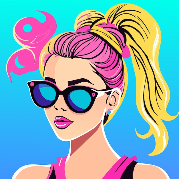 Plik wektorowy anime girl with sunglasses and colorful hair hand drawn flat stylish cartoon sticker icon concept