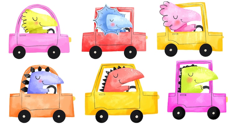 Wektor animowane dinozaury na samochodach kierowca dinozaurów w transporcie drogowym dziecięca ręcznie narysowana ilustracja na odizolowanym tle dekoracja naklejki dla niemowląt