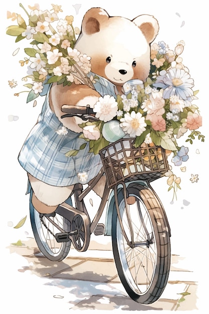 Plik wektorowy animowany miś na rowerze z koszem pełnym kwiatów.