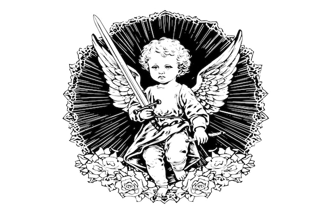 Aniołek Z Mieczem W Ramce Wektor W Stylu Retro Grawerowanie Czarno-białych Ilustracji