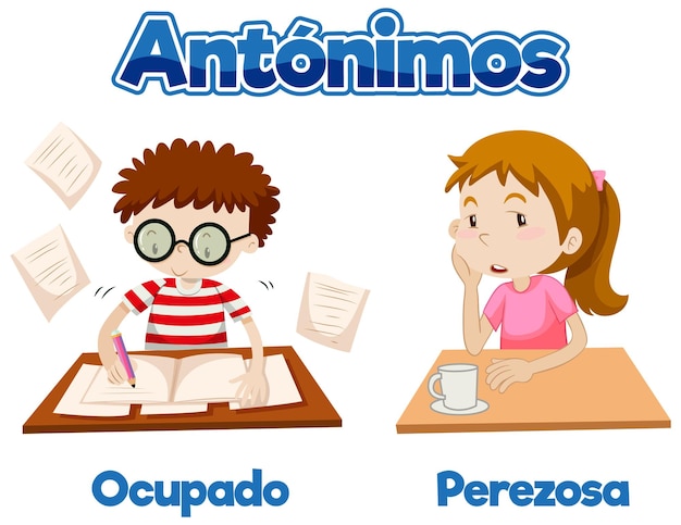 Plik wektorowy antonimy zajętej i leniwej edukacji w języku hiszpańskim